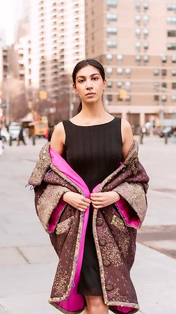 Long Winter Cocoon Cape in purple, green and pink wool