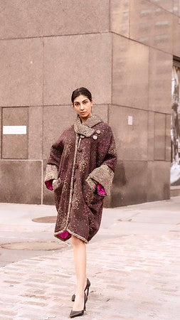 Long Winter Cocoon Cape in purple, green and pink wool