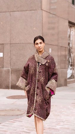 Long Winter Cocoon Cape in purple, green and pink wool