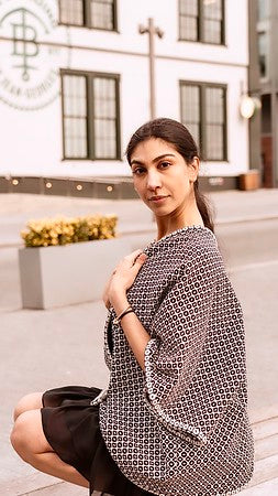 Reversible black and white brocade and silk long cape