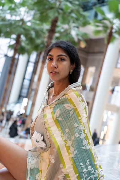 Beaded Shawl in Blue Green, Brown and Green Brocade