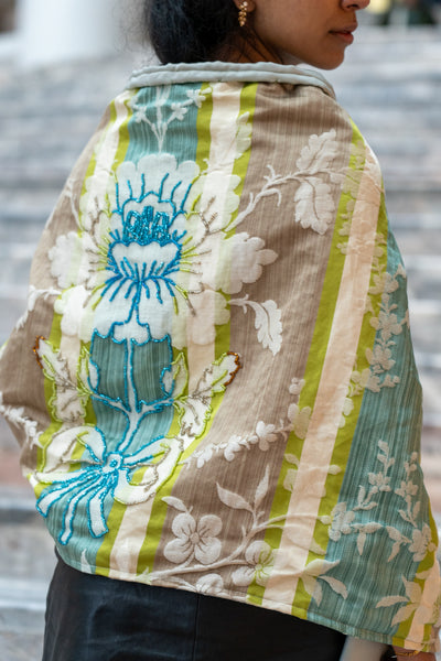 Beaded Shawl in Blue Green, Brown and Green Brocade