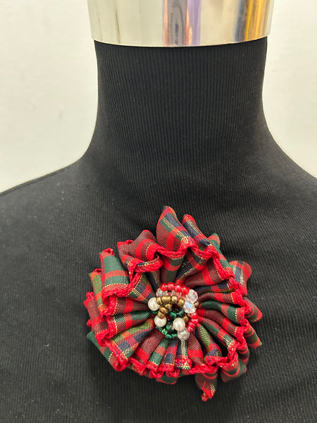 Flower Brooch in Red and Green Plaid