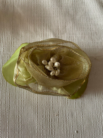 Large Gold and Green Ribbon Flower Brooch