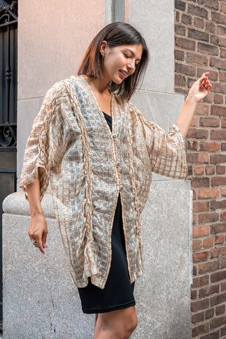 Gold Checked Silk Organza Long Jacket