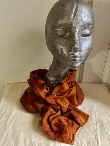 Smocked cowl in orange and gold plaid
