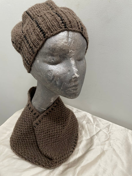 Set - Knitted beanie in gray with black seed beads and matching Cowl