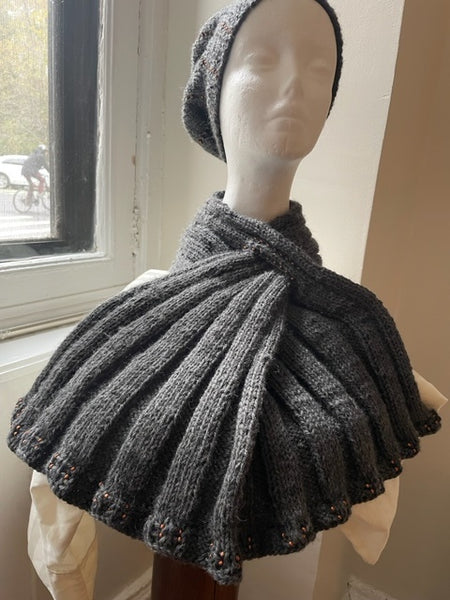 Gray knitted scarf with copper seed beads