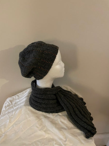 Gray knitted scarf with copper seed beads