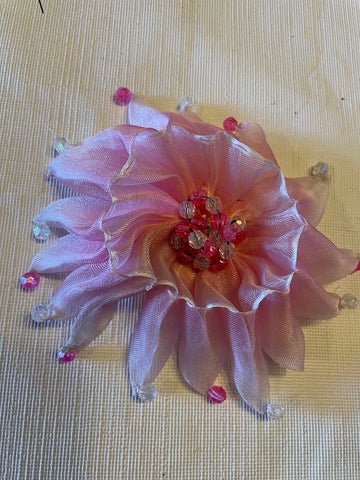 Large Pink Organza Ribbon Flower Brooch