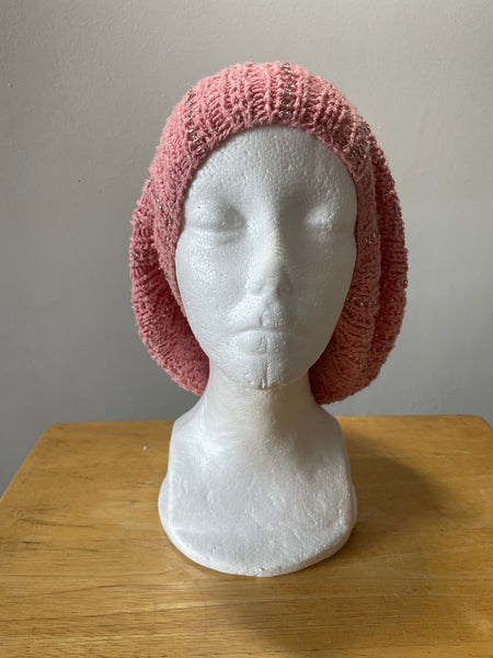 Knitted cotton and silk beanie in coral with glass seed beads